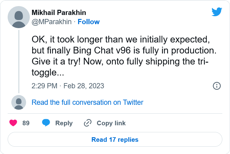 微软Bing Chat v96升级完成 所有测试人员现在都已在使用该版本 微软Bing Chat v96升级完成 所有测试人员现在都已在使用该版本
